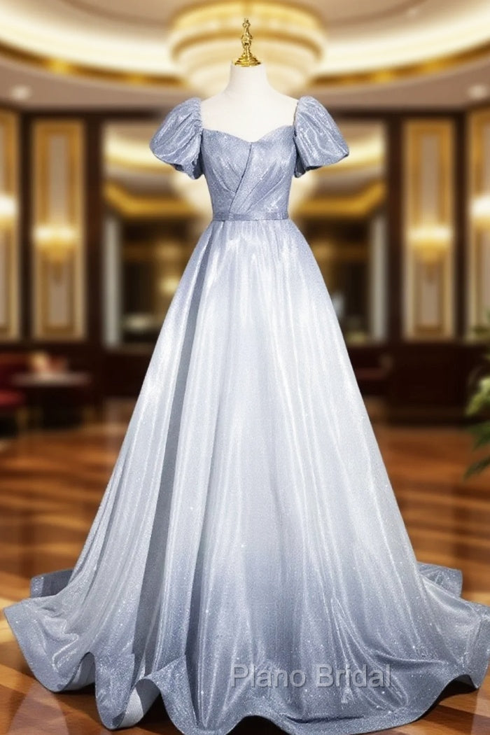 Elegant Gradient Short Sleeve Part Dresses, A-Line Blue Formal Evening Dresses Main image