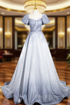 Elegant Gradient Short Sleeve Part Dresses, A-Line Blue Formal Evening Dresses