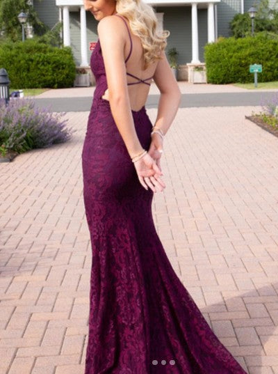 Elegant  Mermaid Formal Dresses Under $170’Ã?Charming Grape Spaghetti Straps Applique Long Backless Formal Prom Dresses With Slit