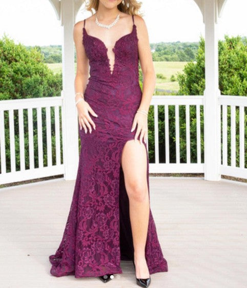 Elegant  Mermaid Formal Dresses Under $170’Ã?Charming Grape Spaghetti Straps Applique Long Backless Formal Prom Dresses With Slit