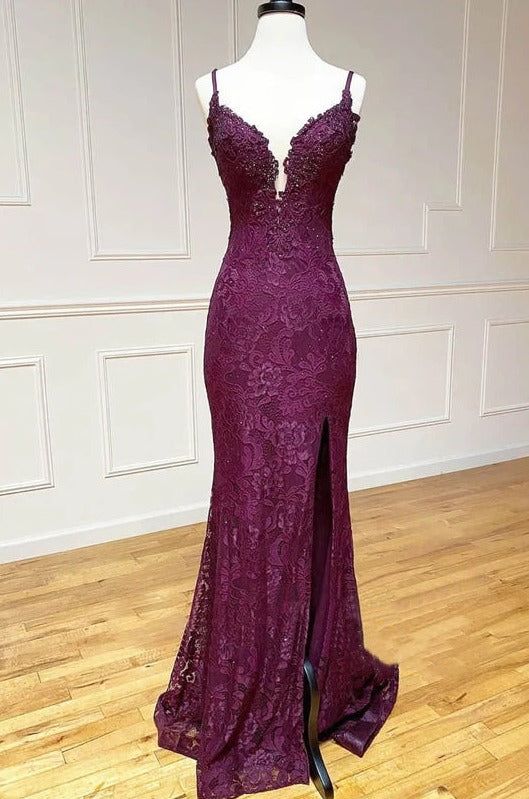 Elegant  Mermaid Formal Dresses Under $170’Ã?Charming Grape Spaghetti Straps Applique Long Backless Formal Prom Dresses With Slit Main image