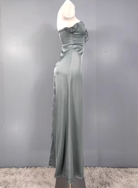 Elegant Gray Green Sweetheart Neckline Slim Slit Satin Long Formal Prom Dresses