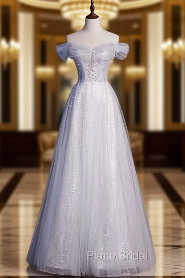 Elegant Gray Tulle Sequins Formal Prom Dresses Main image