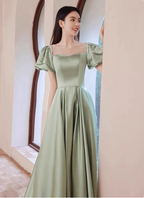 Elegant Green A-Line Puff Sleeve Satin Long Formal Prom Dresses Bridesmaid DressesP4574