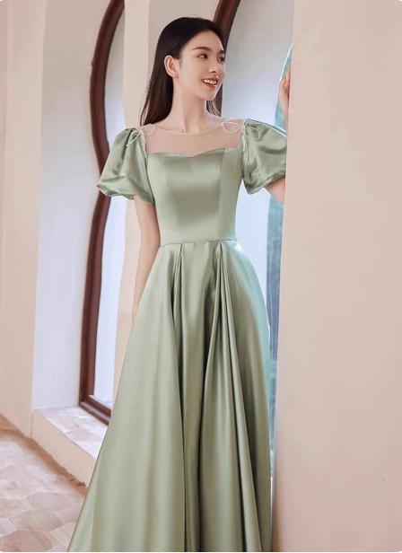Elegant Green A-Line Puff Sleeve Satin Long Formal Prom Dresses Bridesmaid DressesP4574