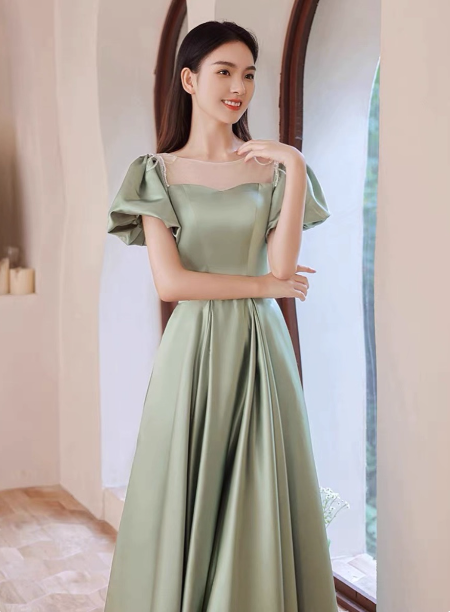Elegant Green A-Line Puff Sleeve Satin Long Formal Prom Dresses Bridesmaid DressesP4574