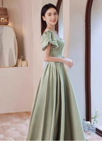 Elegant Green A-Line Puff Sleeve Satin Long Formal Prom Dresses Bridesmaid DressesP4574