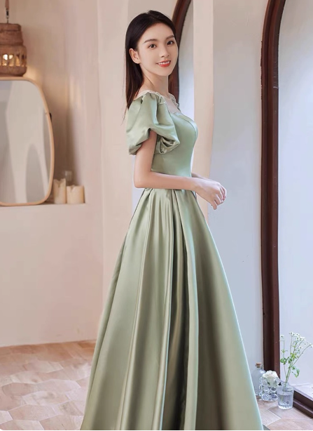 Elegant Green A-Line Puff Sleeve Satin Long Formal Prom Dresses Bridesmaid DressesP4574