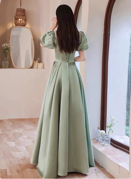 Elegant Green A-Line Puff Sleeve Satin Long Formal Prom Dresses Bridesmaid DressesP4574
