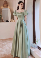 Elegant Green A-Line Puff Sleeve Satin Long Formal Prom Dresses Bridesmaid DressesP4574