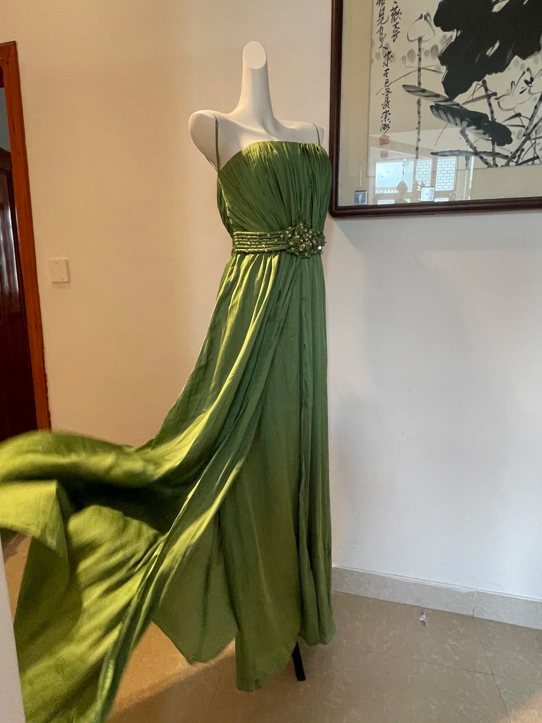 Elegant Green A-Line Spaghetti Strap Pleated Beaded Satin Long Formal Prom Dresses Bridesmaid Dresses Secondary image