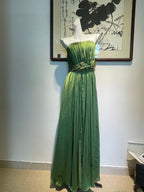 Elegant Green A-Line Spaghetti Strap Pleated Beaded Satin Long Formal Prom Dresses Bridesmaid Dresses