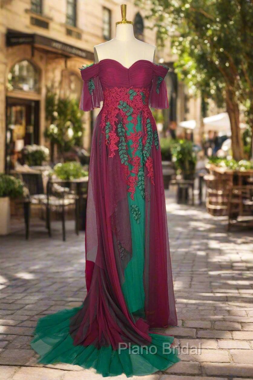 Elegant Green Off The Shoulder Tulle Formal Prom Dresses Vintage Formal Prom Gowns Secondary image