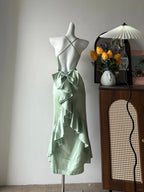 Elegant Green Slim Fit Halter Backless Ruffle Satin Formal Prom Dresses