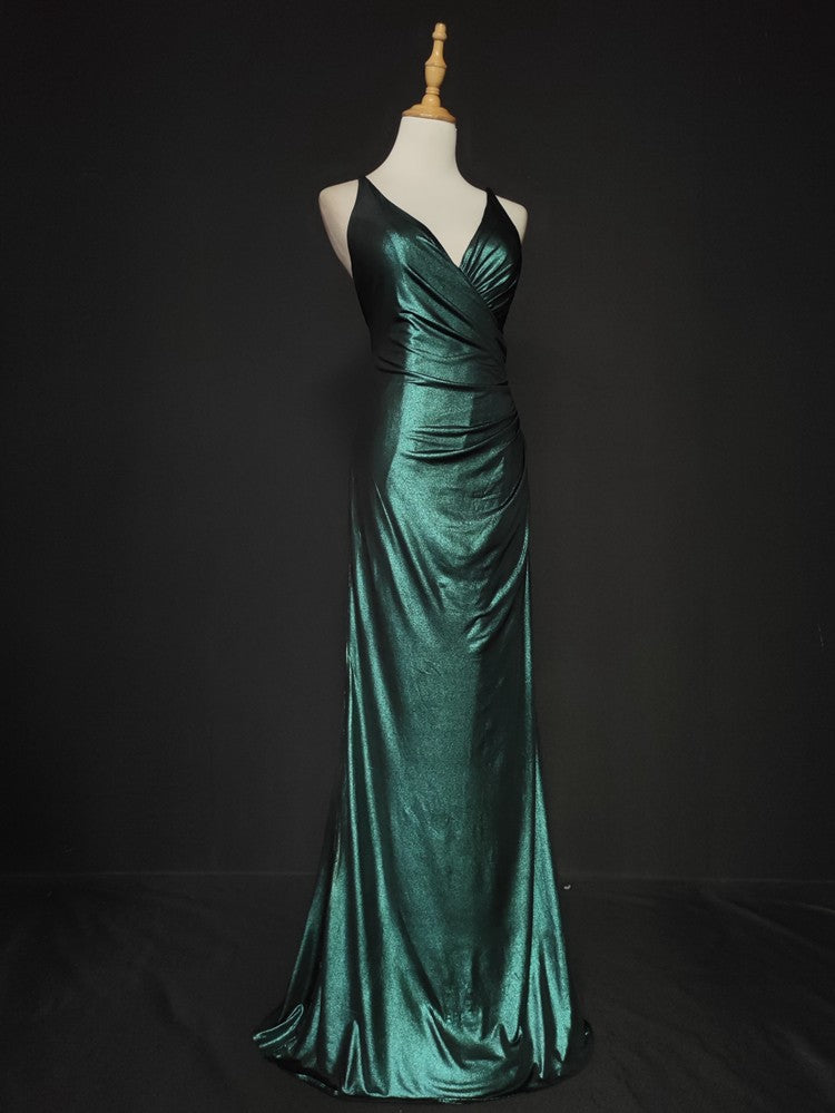 Elegant Green Spaghetti Strap V-Neck Ruffled Satin Long Formal Prom Dresses Secondary image