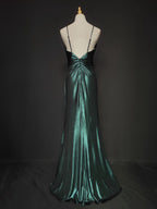 Elegant Green Spaghetti Strap V-Neck Ruffled Satin Long Formal Prom Dresses