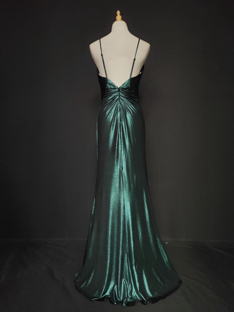 Elegant Green Spaghetti Strap V-Neck Ruffled Satin Long Formal Prom Dresses