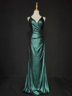 Elegant Green Spaghetti Strap V-Neck Ruffled Satin Long Formal Prom Dresses