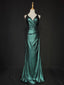 Elegant Green Spaghetti Strap V-Neck Ruffled Satin Long Formal Prom Dresses