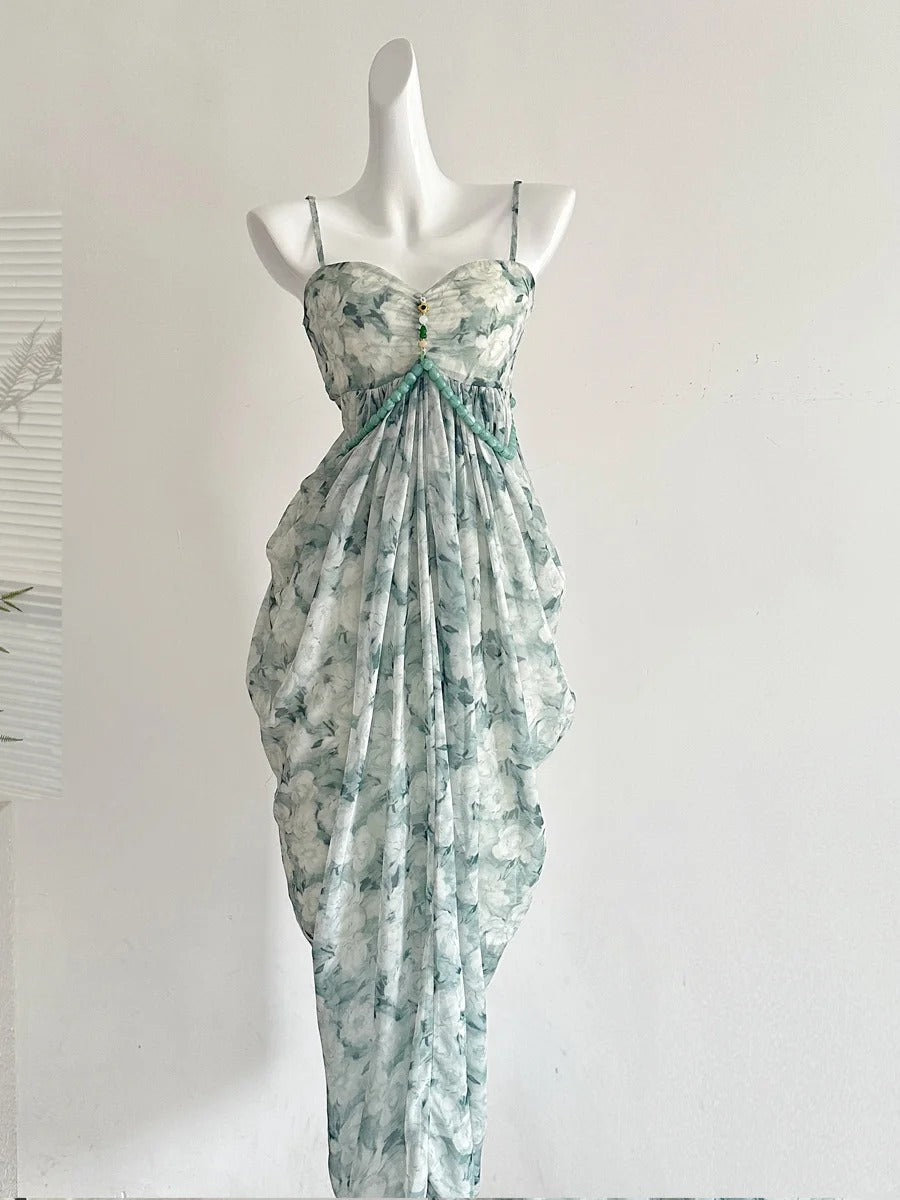 Elegant Green Strap Waist Chiffon Long Formal Prom Dresses
