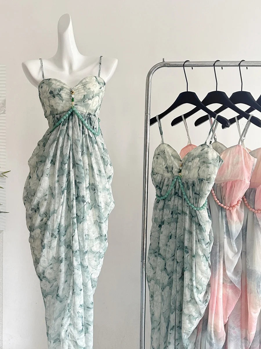 Elegant Green Strap Waist Chiffon Long Formal Prom Dresses
