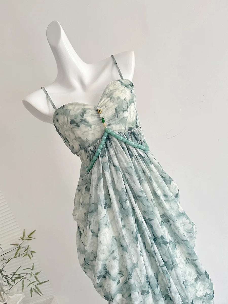 Elegant Green Strap Waist Chiffon Long Formal Prom Dresses Main image