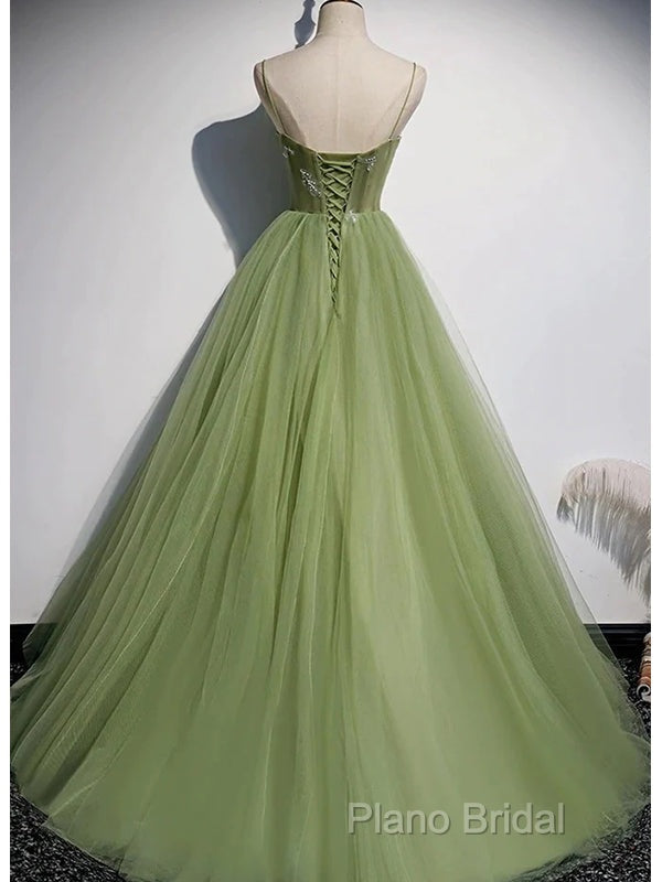 Elegant Green Tulle Spaghetti Straps A-Line Long Formal Prom Dresses Formal Dresses, Secondary image