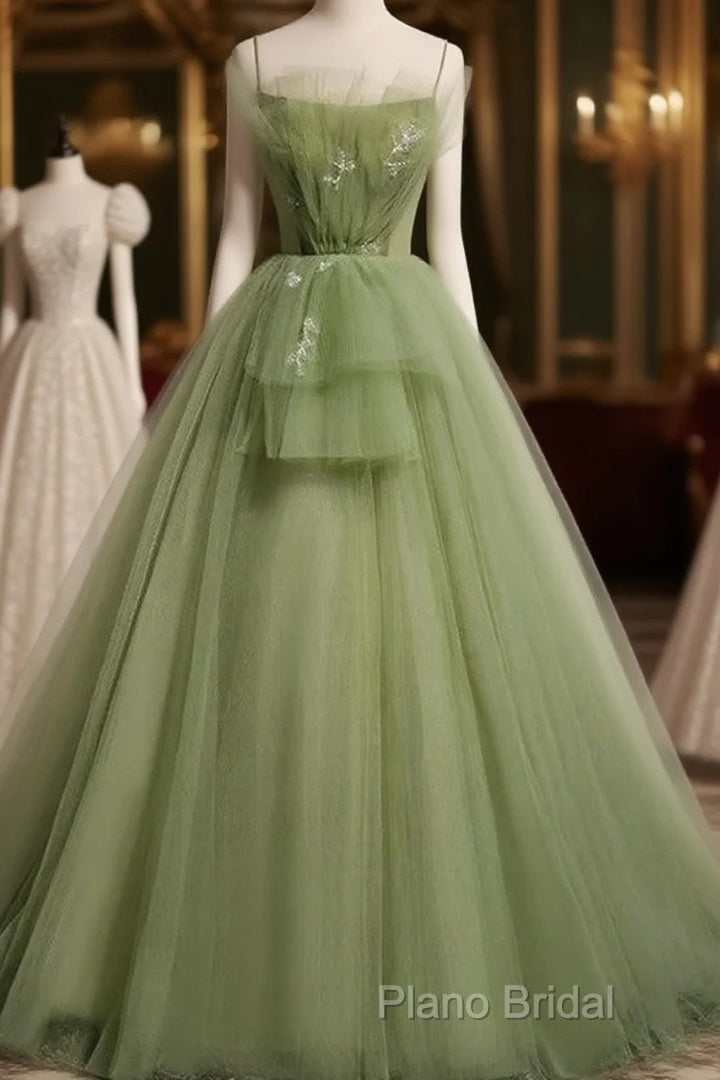 Elegant Green Tulle Spaghetti Straps A-Line Long Formal Prom Dresses Formal Dresses, Main image