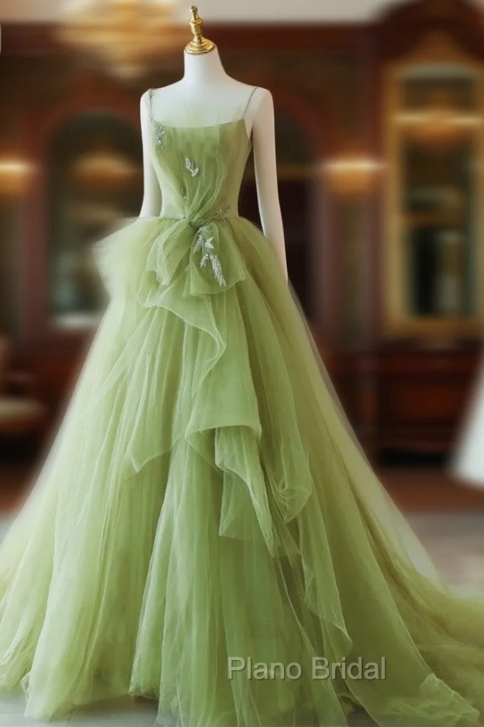 Elegant Green Tulle Straps Long Formal Dresses, Green Tulle Evening Dresses Party Dresses Main image