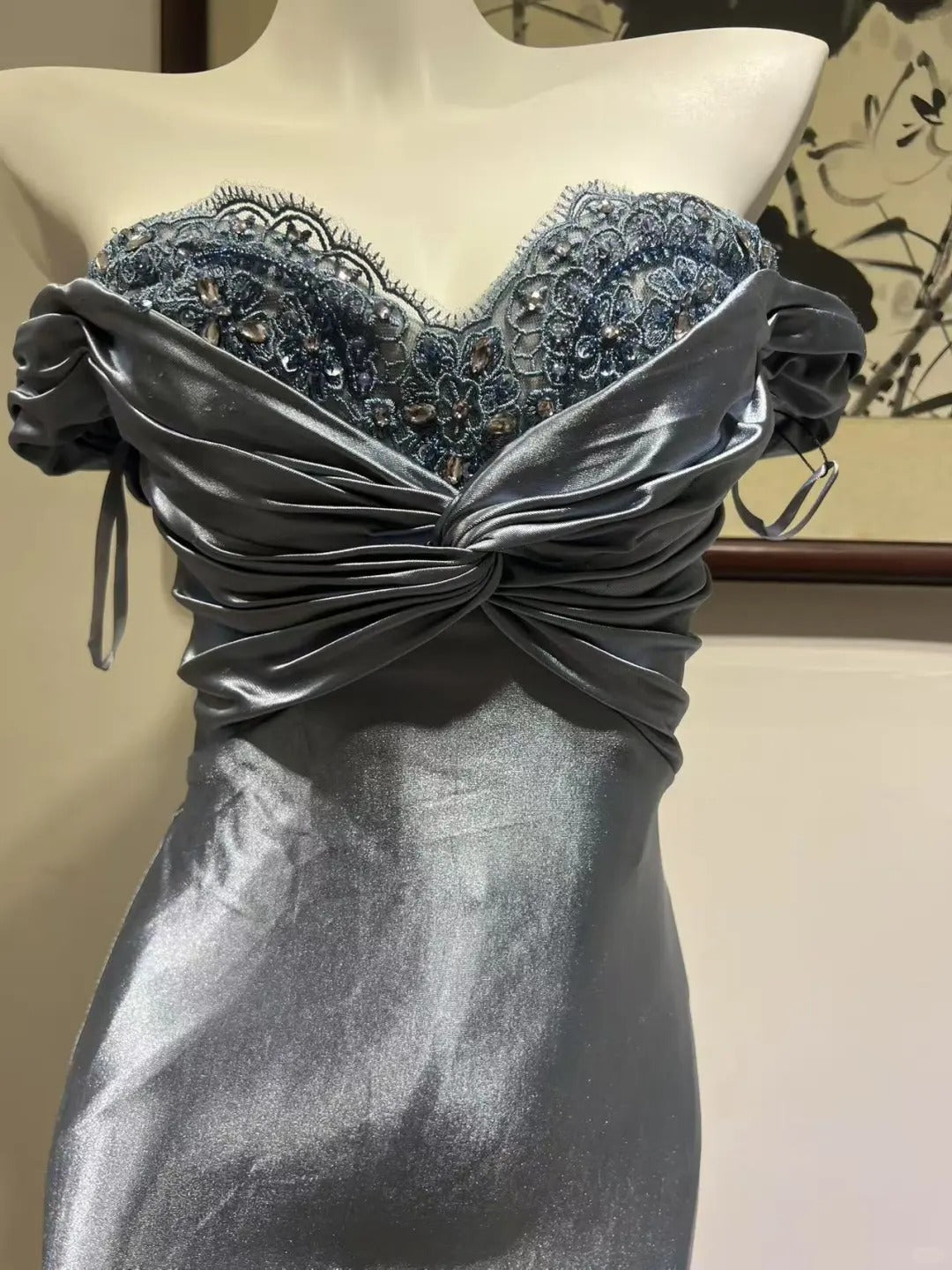 Elegant Grey-Blue Lace Knotted Satin Mermaid Long Formal Prom Dresses