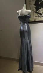 Elegant Grey-Blue Lace Knotted Satin Mermaid Long Formal Prom Dresses