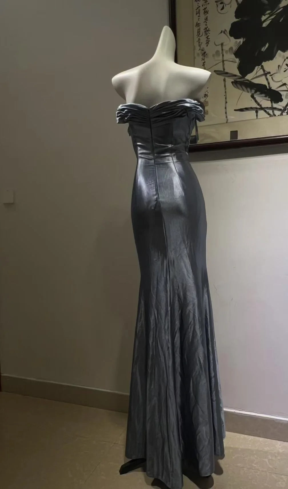 Elegant Grey-Blue Lace Knotted Satin Mermaid Long Formal Prom Dresses