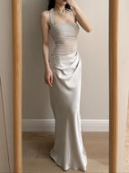 Elegant Grey Mermaid Halter Neck Square Neck Satin Tulle Long Formal Prom Dresses