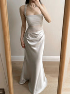 Elegant Grey Mermaid Halter Neck Square Neck Satin Tulle Long Formal Prom Dresses