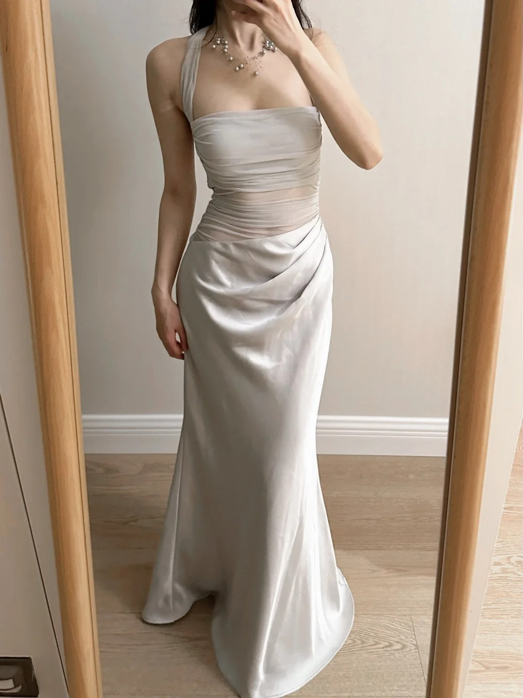 Elegant Grey Mermaid Halter Neck Square Neck Satin Tulle Long Formal Prom Dresses