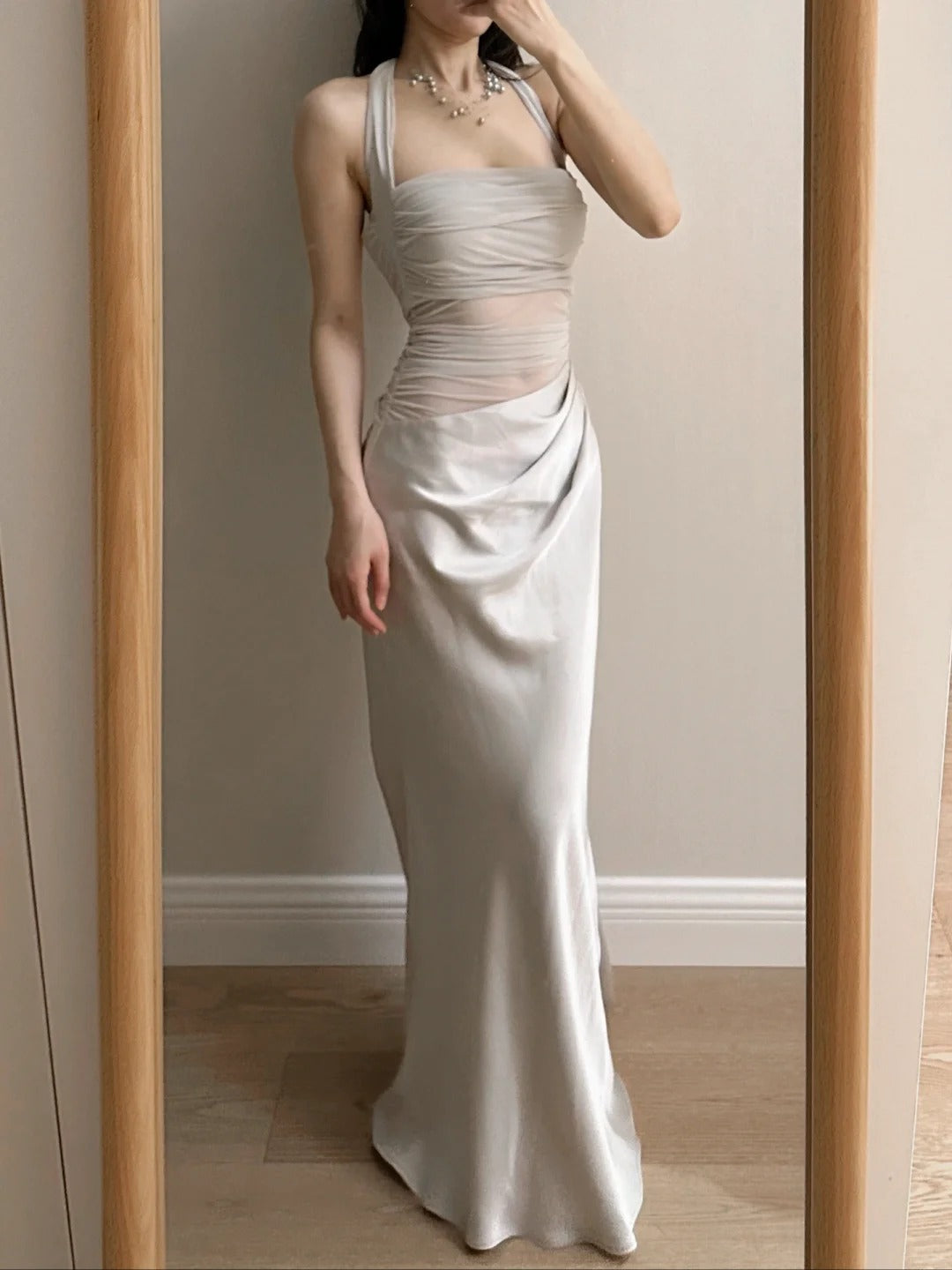 Elegant Grey Mermaid Halter Neck Square Neck Satin Tulle Long Formal Prom Dresses Main image