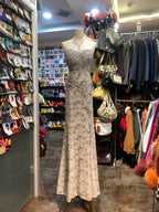 Elegant Grey Mermaid Strapless Sequined Lace Long Formal Prom Dresses