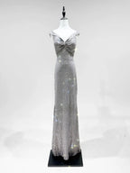Elegant Grey Mermaid V-Neck Sequined Long Formal Prom Dresses