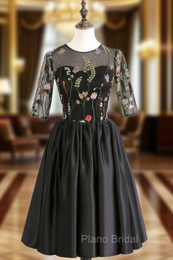 Elegant Half Sleeves Satin Ball Gown Short Sexy See Through Black Formal Prom Dresses