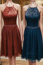Elegant Halter Lace Teal Cocktail Dresses,Fancy Short Dresses Formal Prom