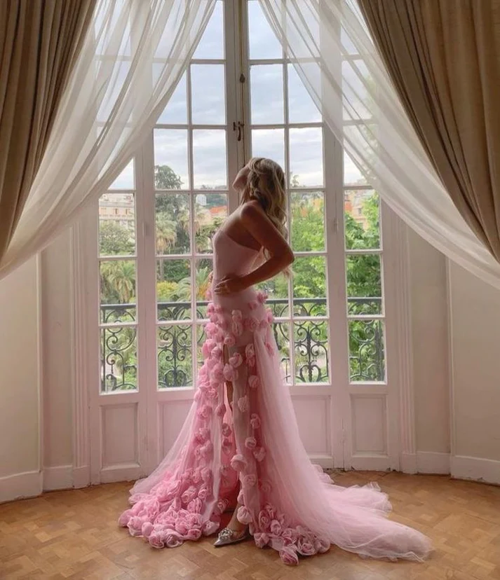 3D Flowers Formal Prom Dresses Strapless Split A-Line Dubai Arabia Women Formal Evening Gowns Formal Special Occasion Dresses Vestidos