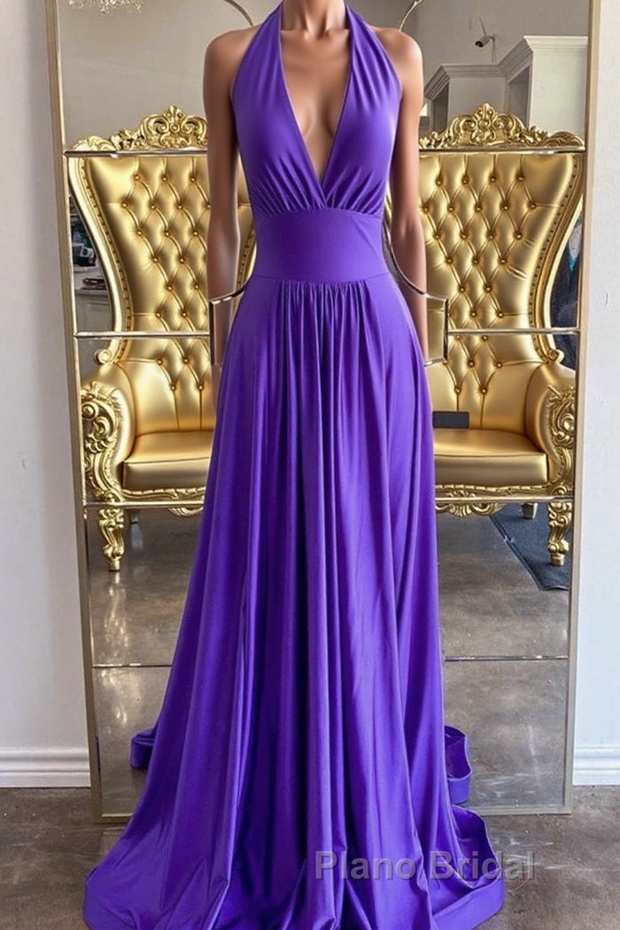 Elegant Halter Neck Backless Purple Long Formal Prom Dress, Backless Purple Formal Graduation Evening Dress Main image