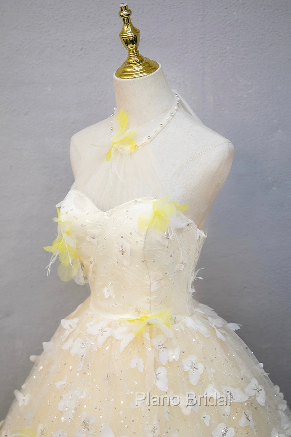 Elegant Halter Neckline Tulle Floor Length Formal Prom Dresses, Yellow A-Line Evening Formal Dresses