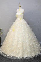 Elegant Halter Neckline Tulle Floor Length Formal Prom Dresses, Yellow A-Line Evening Formal Dresses