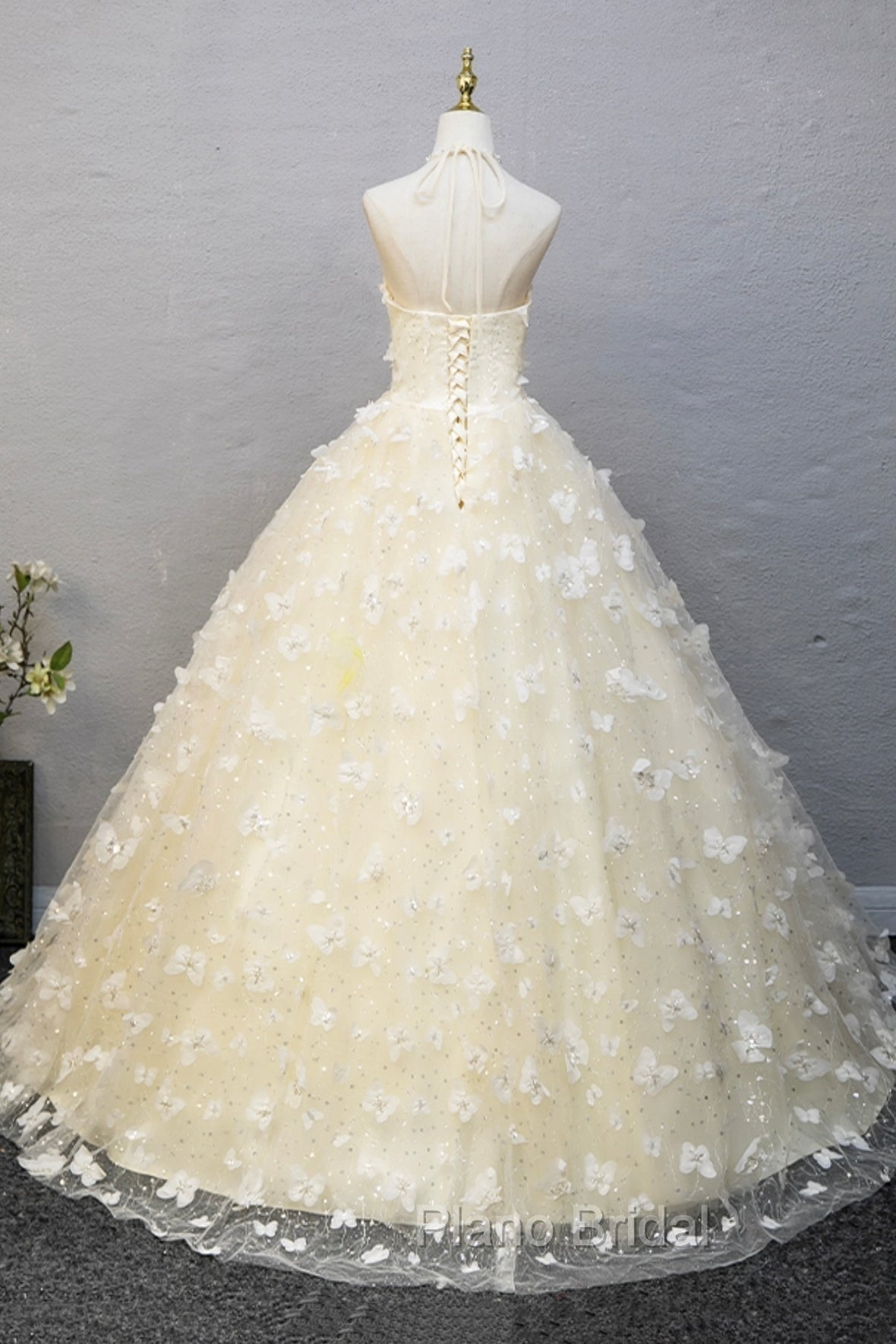 Elegant Halter Neckline Tulle Floor Length Formal Prom Dresses, Yellow A-Line Evening Formal Dresses