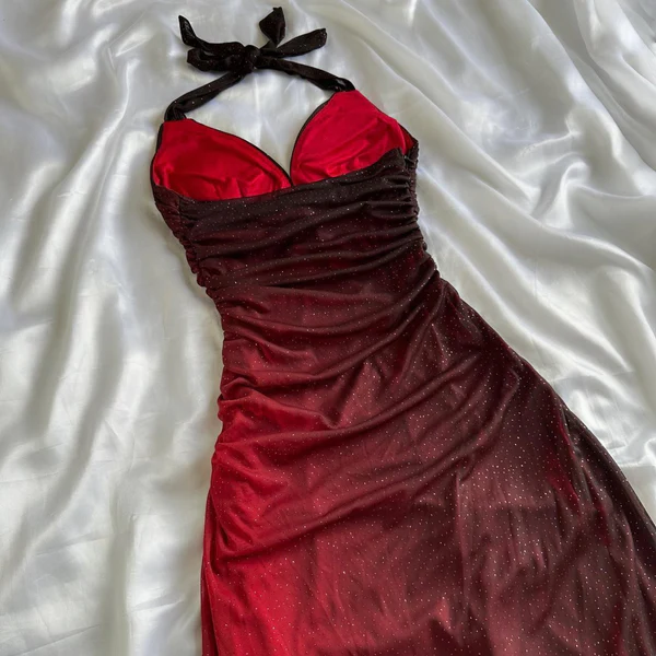 Elegant Halter Straps Ombre Burgundy Long Chiffon Formal Prom Dresses