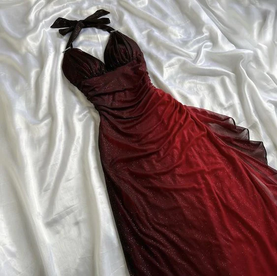 Elegant Halter Straps Ombre Burgundy Long Chiffon Formal Prom Dresses