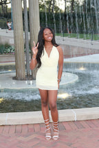 Elegant Halterneck Sleeveless Beaded Waist Birthday Short Dress Homecoming Dress