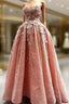 Elegant Handmade Flower Sweetheart Pink Lace Formal Prom Dresses