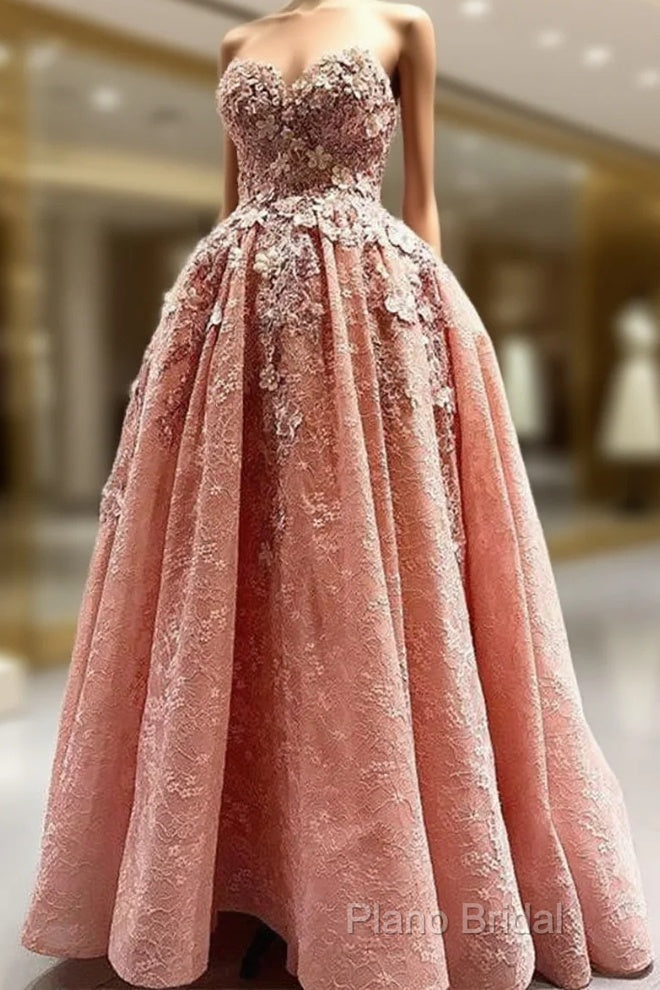Elegant Handmade Flower Sweetheart Pink Lace Formal Prom Dresses Main image